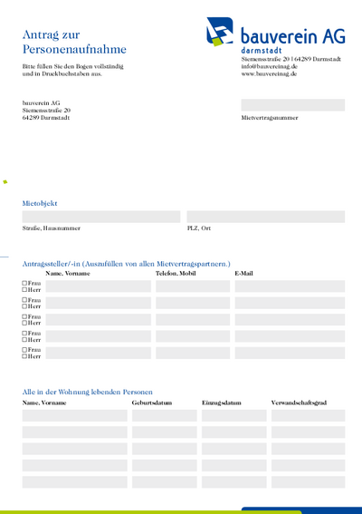 Antrag zur Personenaufnahme Antrag zur Personenaufnahme