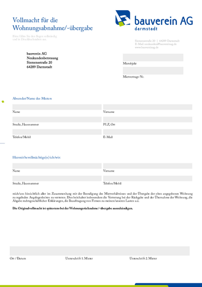 Vollmacht für die Wohnungsabnahme/-übergabe Vollmacht für die Wohnungsabnahme/-übergabe