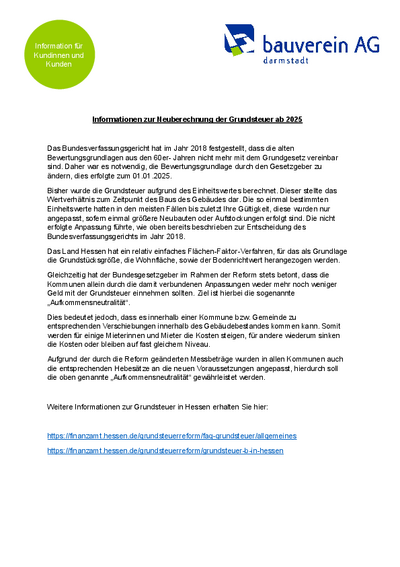 Informationen zur Neuberechnung der Grundsteuer ab 2025 Informationen zur Neuberechnung der Grundsteuer ab 2025